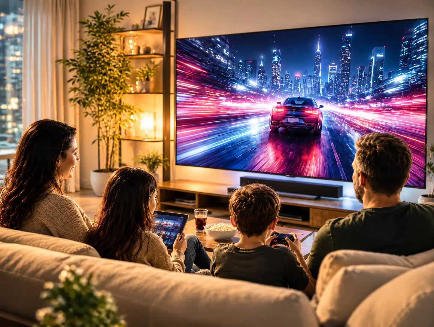 Family enjoying ultra fast home internet for 4K streaming gaming and smart entertainment in a modern luxury living room