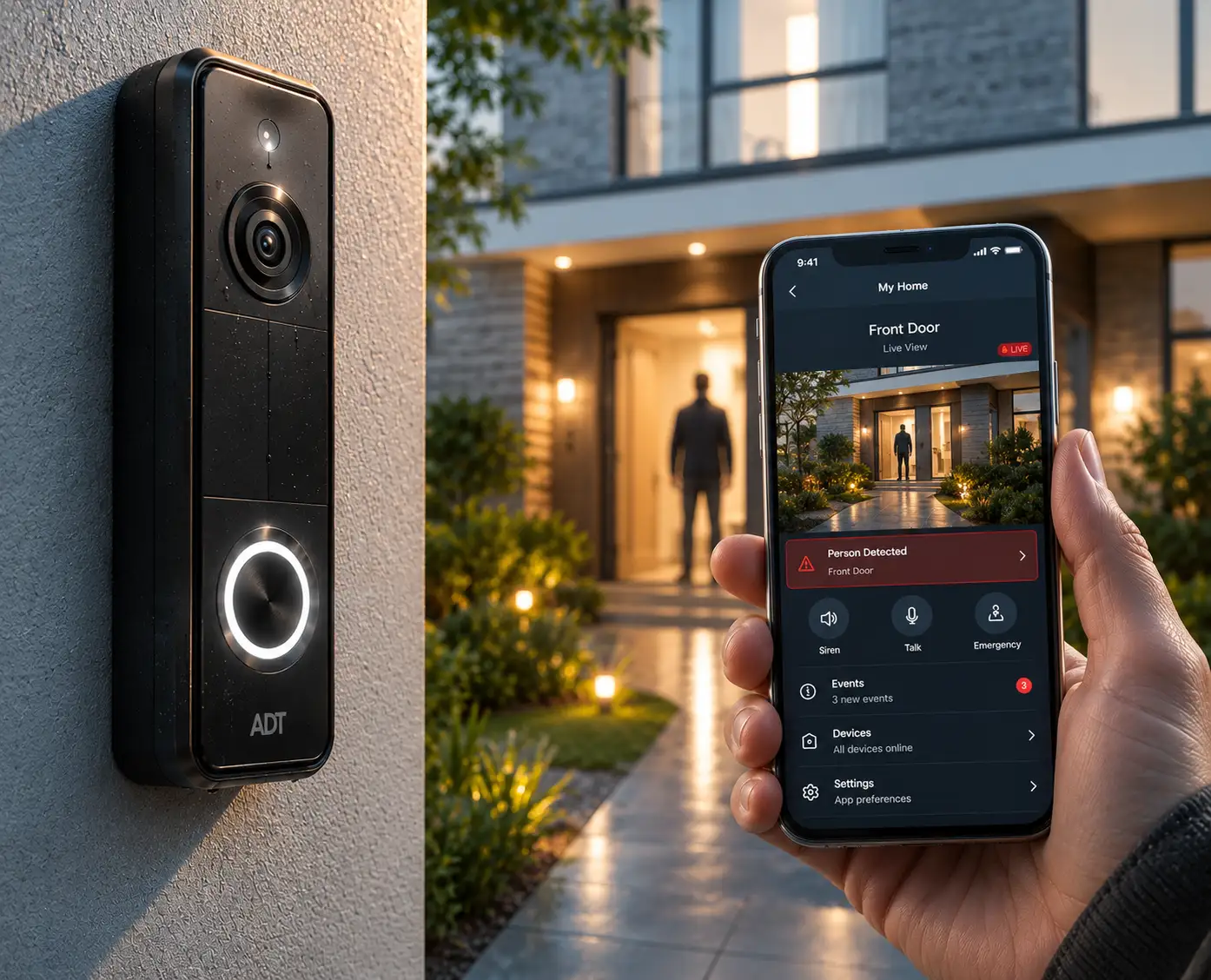 Cinematic smart home security system with AI doorbell camera live monitoring mobile app and 24/7 home protection technology