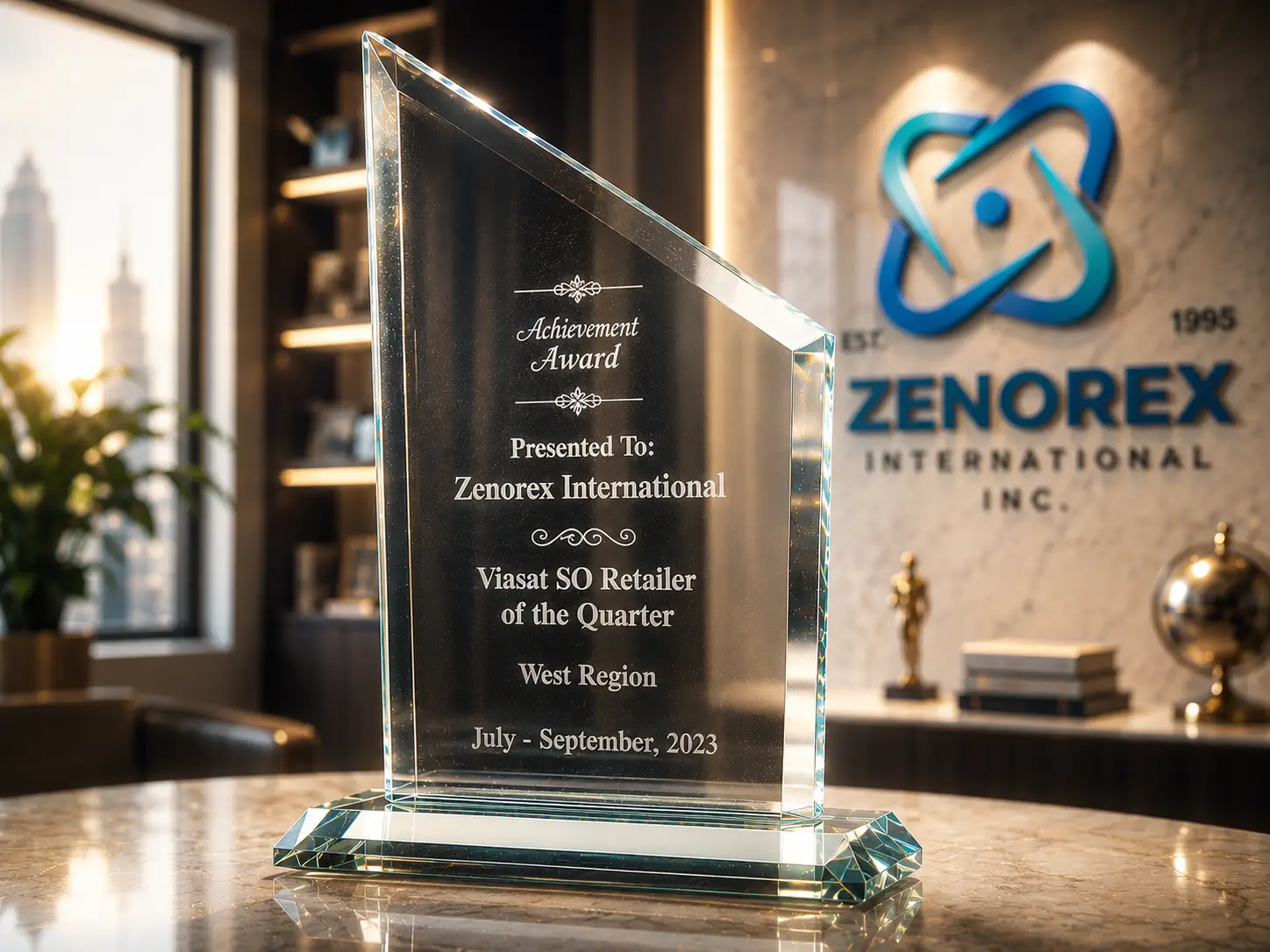 Zenorex International Viasat SO Retailer of the Quarter crystal achievement award in luxury executive office environment